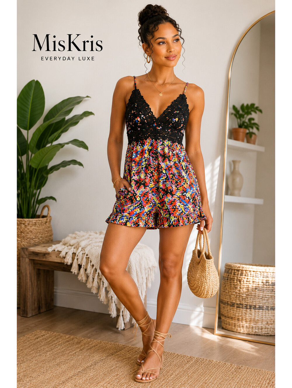 White Birch Women’s M Multicolor Floral Black Lace Crochet Romper